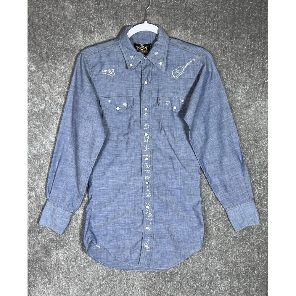 Vintage Maverick Blue Bell Denim‎ Pearl Snap Shirt Mens Size 14/33 Embroidered